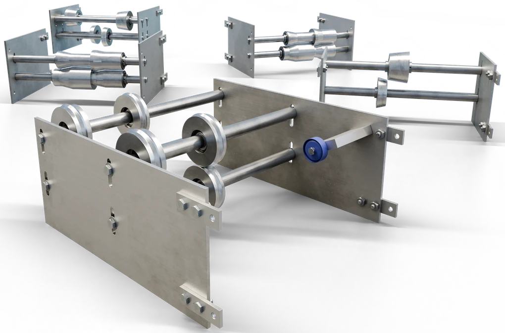 Render of a stainless steel metal former add-on bundle: forming rollers on shafts between mounting plates