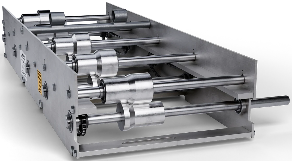 Render of a board and batten roll-forming cassette: stepped forming rollers on shafts between side plates