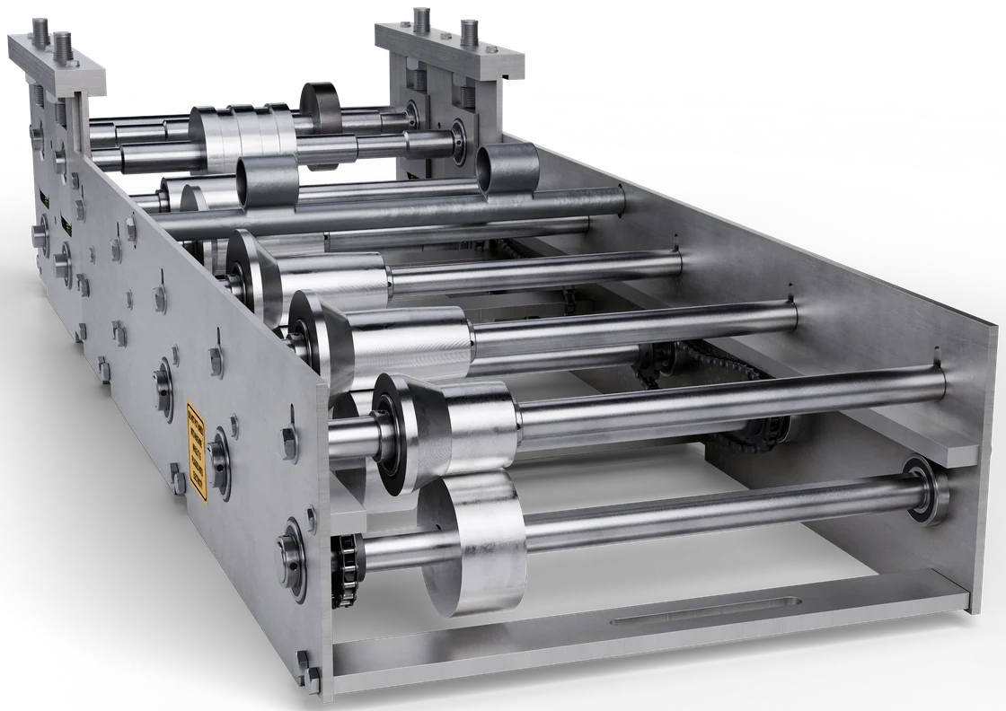 Render of a fascia roll-forming cassette: forming rollers on shafts between stainless side plates