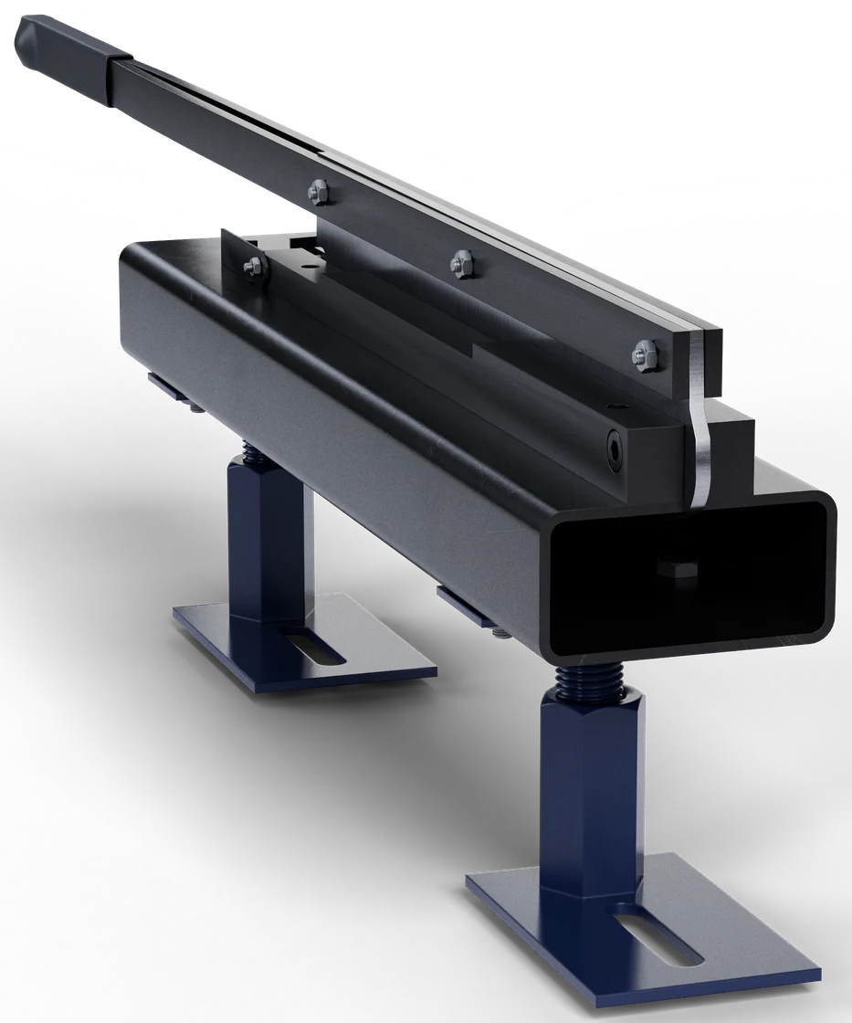 Render of a guillotine shear: a blade arm over a black body on adjustable navy stands