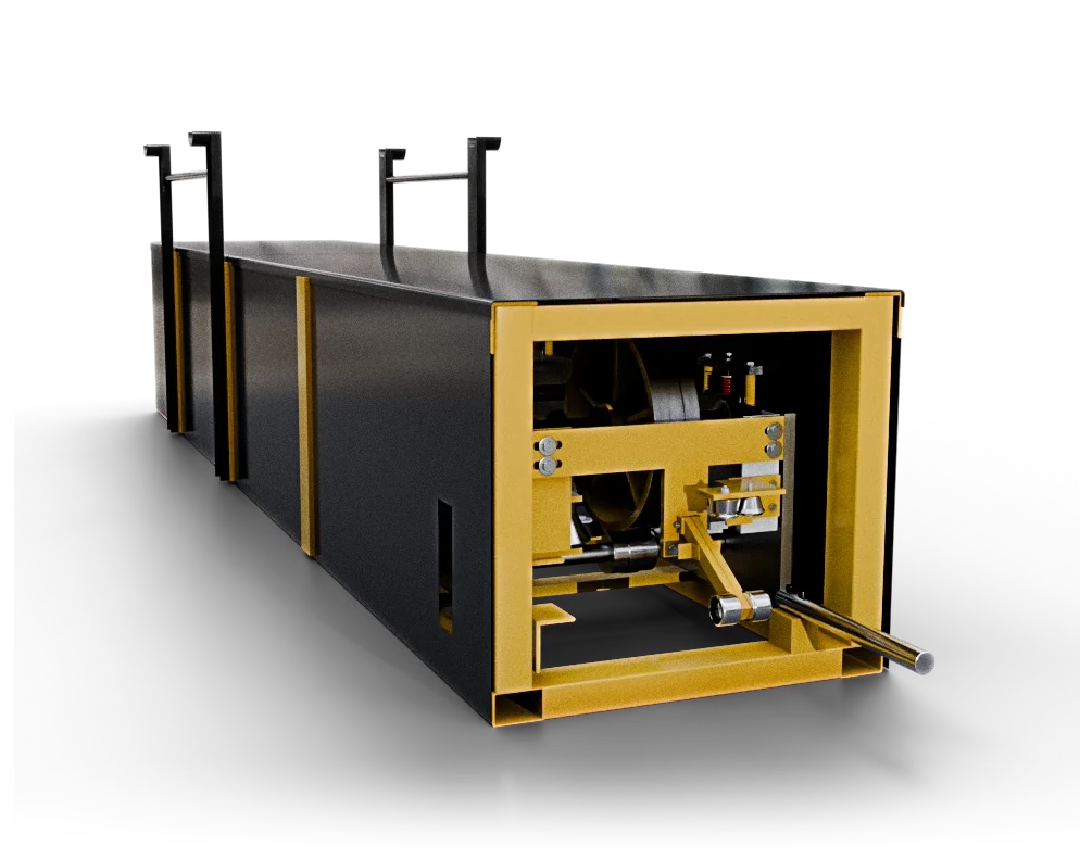 Render of a gutter forming machine with a black body and yellow frame