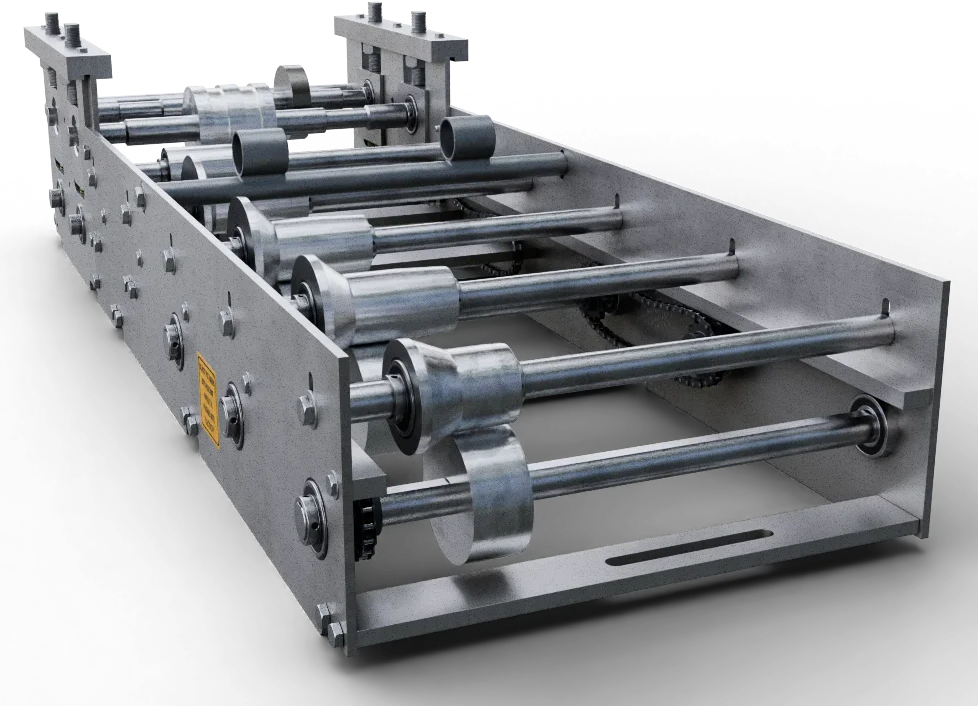 Render of an industrial siding machine with yellow guards and warning labels