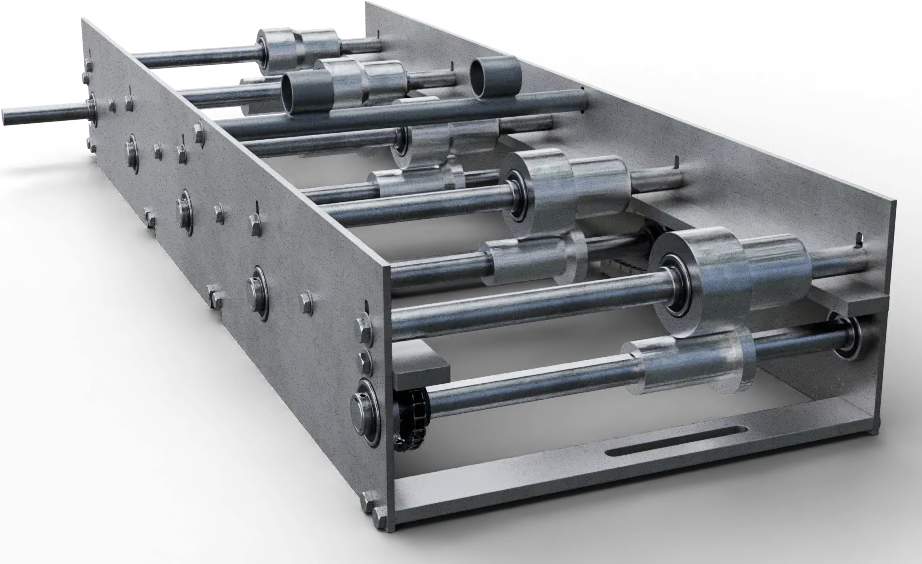 Render of a roll-former cassette viewed from a low angle