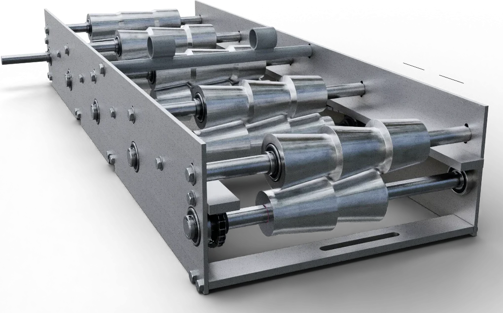 Render of a roll-former cassette with polished steel rollers on shafts