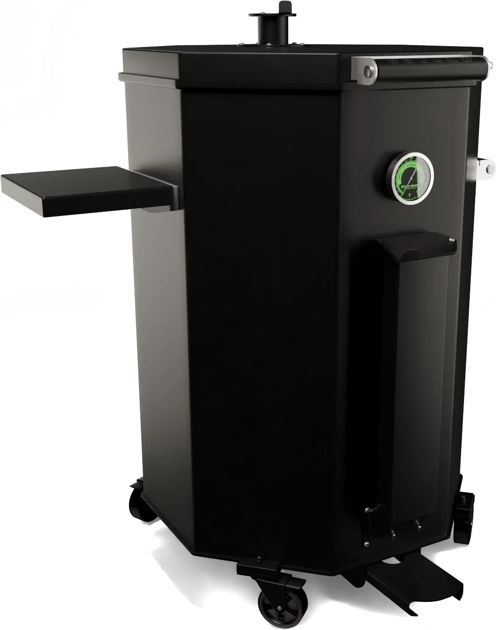 Render of a vertical charcoal smoker with a temperature gauge and side shelf