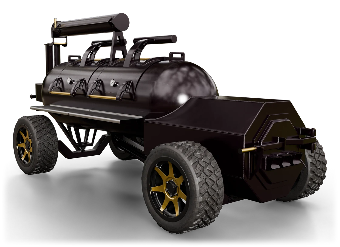 Render of a dark red offroad barrel smoker on a four-wheel chassis with knobbly tyres and gold rims
