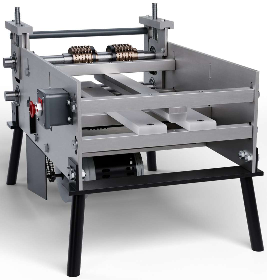 Render of a perforator: two knurled perforating rollers over a bed frame on black legs