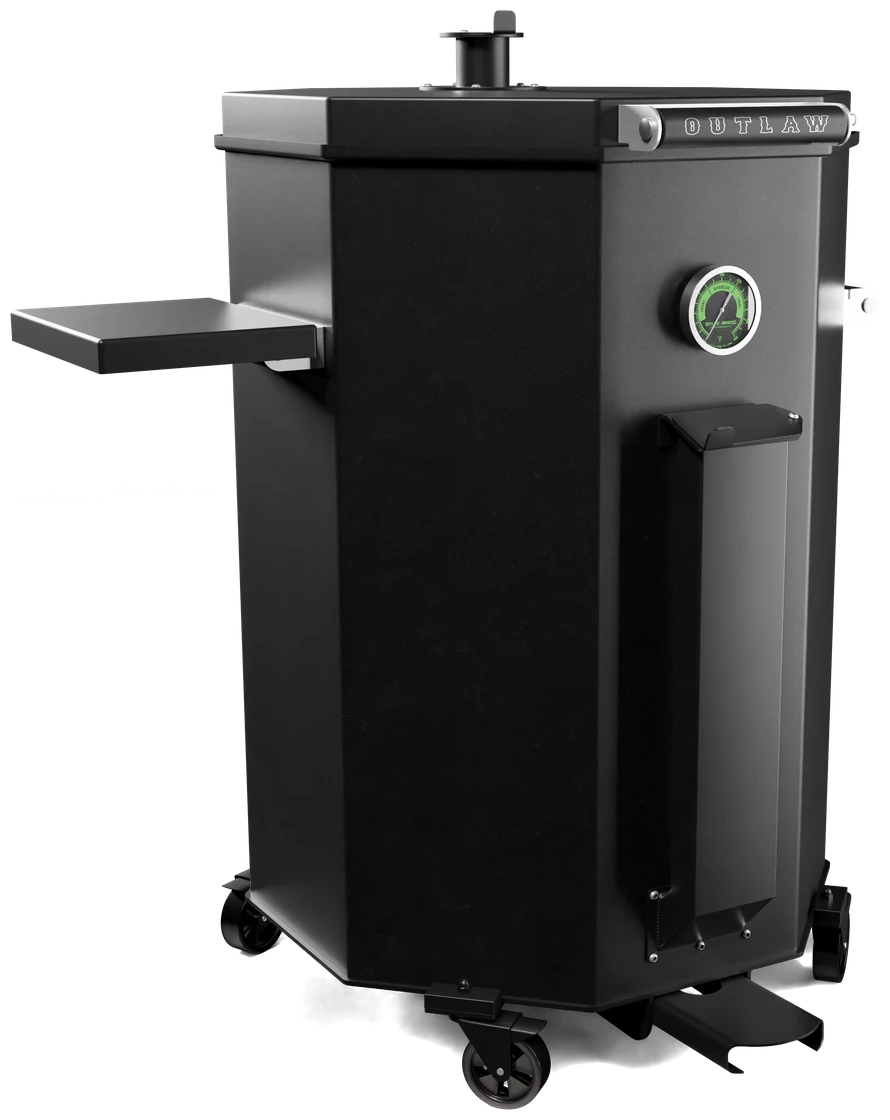 Render of a black vertical charcoal smoker branded OUTLAW, with a temperature gauge, side shelf and castors