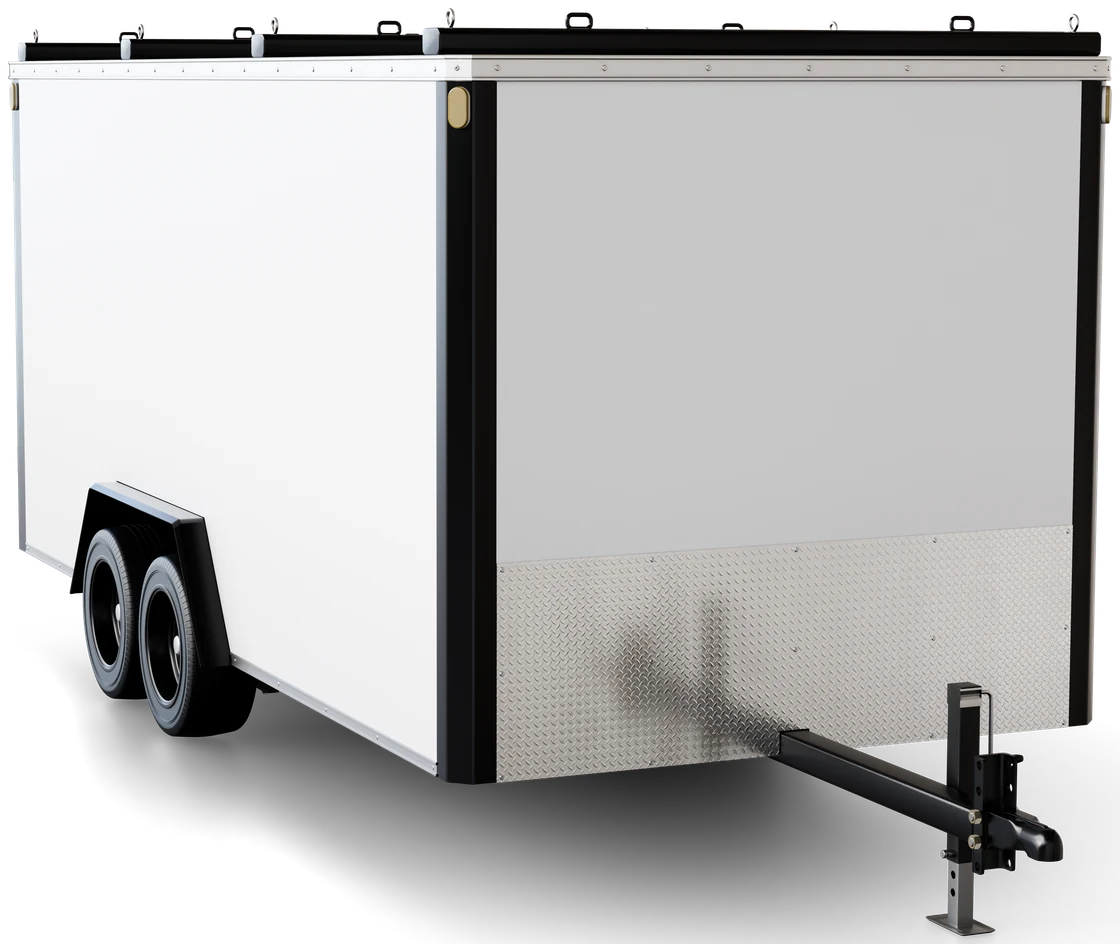 Render of a white enclosed cargo trailer