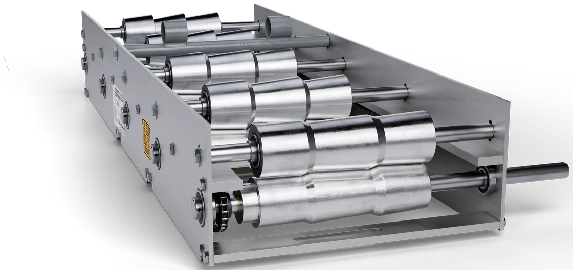 Render of a roll-former cassette with polished steel rollers on shafts